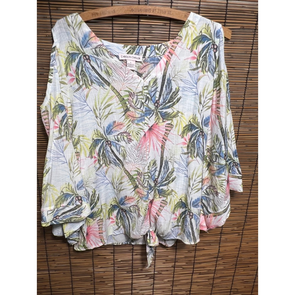 Carolyn Taylor Large Cold Shoulder Top Tropical Palm Tree Print Viscose Blend
